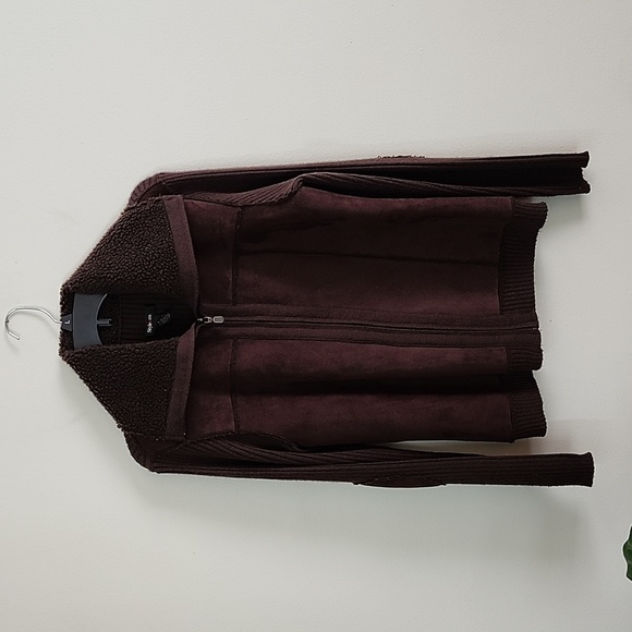 Style & Co brown wool blend full zip faux suede sweater fall staple ribbed Large - Picture 1 of 7